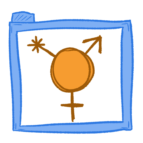  a drawing of a hollow blue folder containing a sketchy orange transgender symbol.